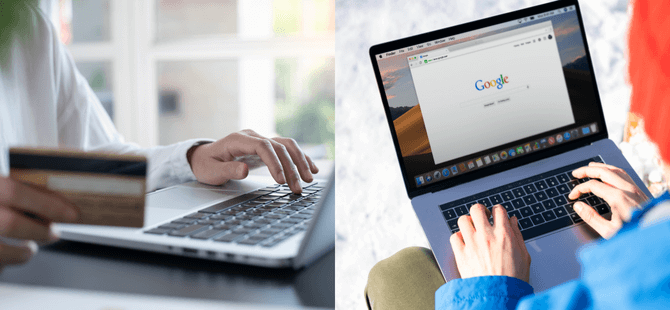 Jeden člověk má jednu ruku na klávesnici a v druhé drží platební kartu. Druhý člověk má ruce na klávesnici a něco vyhledává na Googlu.