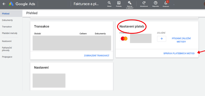 Nastavení plateb Google Ads