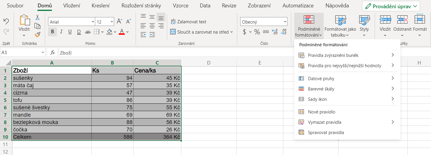 Tabulka v Excelu s podmíněným formátováním