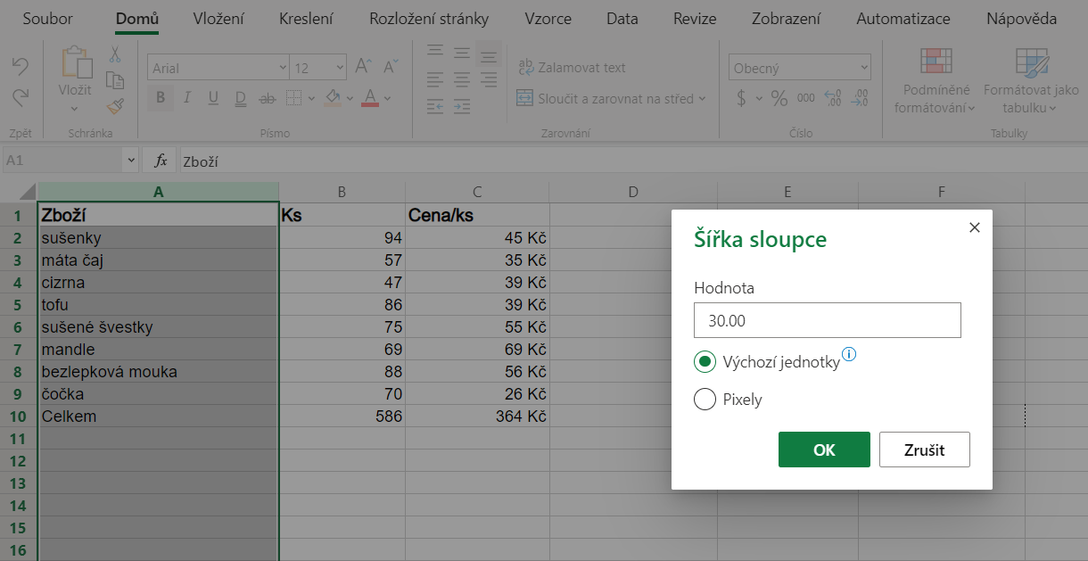Tabulka v Excelu s úpravou sloupců a řádků